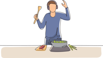 Single one line drawing young man cooking and listening to music in kitchen. Healthy food illustration. Healthy lifestyle concept. Cooking at home. Prepare food. Continuous line draw design graphic png