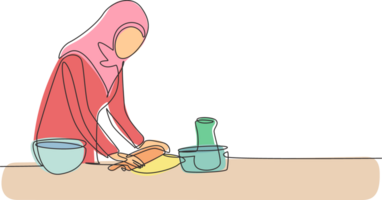 Célibataire un ligne dessin arabe femme fabrication biscuit pâte en utilisant roulant épingle à confortable cuisine tableau. fabrication boulangerie et fait maison Pizza à maison. moderne continu ligne dessiner conception graphique illustration png