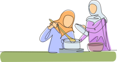 continuo uno línea dibujo dos árabe mujer disfrutando oler de Cocinando desde maceta. preparar comida a acogedor cocina. Cocinando a hogar. sano alimento. soltero línea dibujar diseño gráfico ilustración png