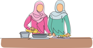 kontinuerlig ett linje teckning två arab kvinna häller matlagning olja från flaska in i fräsning panorera på spis. förbereda mat i kök. matlagning på Hem. enda linje dra design grafisk illustration png