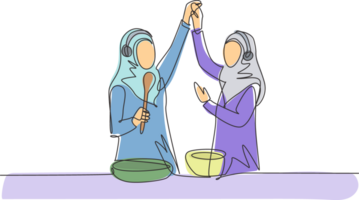 Continuous one line drawing two Arabian woman smiling and dancing with frying pan and spatula in hand while cooking together in kitchen at home. Single line draw design graphic illustration png