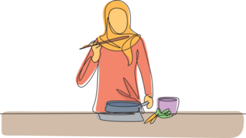 Single continuous line drawing Arabian woman mixing tomato sauce, tasting, and relish meal with wooden spatula. Prepare food at cozy kitchen. Dynamic one line draw graphic design illustration png