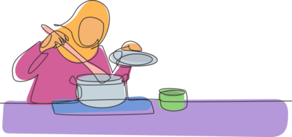 Continuous one line drawing Arabian housewife enjoying smell of cooking from pot. Prepare food at cozy kitchen. Cooking at home. Healthy food. Single line draw design graphic illustration png