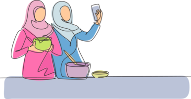 doorlopend een lijn tekening twee Arabisch vrouw nemen selfie of maken video telefoontje gebruik makend van haar smartphone terwijl Koken vers salade. gezond voedsel concept. single lijn trek ontwerp grafisch illustratie png