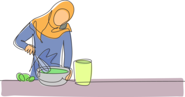 continu un ligne dessin arabe femme pourparlers sur téléphone intelligent tandis que en train de préparer dîner dans confortable cuisine et pétrir gâteau pâte en utilisant Manuel main mixer. Célibataire ligne dessiner conception graphique illustration png