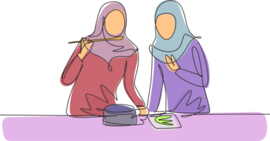 Célibataire continu ligne dessin deux arabe copains cuisinier ensemble et chanter avec spatules comme microphone. dansant et ayant amusement dans cuisine. dynamique un ligne dessiner graphique conception illustration png