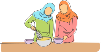 Single one line drawing two Arabian friends cook together while looking at tutorial on smartphone. Learn to cook with modern technology. Modern continuous line draw design graphic illustration png