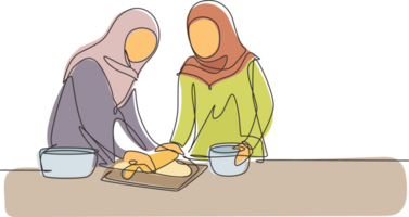 continuo uno línea dibujo dos árabe mujer haciendo Galleta masa utilizando laminación alfiler a acogedor cocina mesa. haciendo panadería y hecho en casa Pizza a hogar. soltero línea dibujar diseño gráfico ilustración png