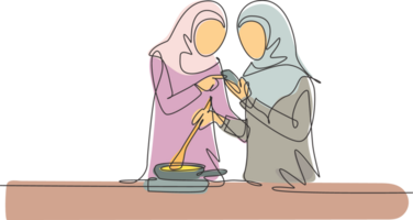 Célibataire un ligne dessin arabe femme est cuisine tandis que à la recherche à Didacticiel sur téléphone intelligent. apprendre à cuisinier avec moderne technologie. préparer aliments. continu ligne dessiner conception graphique illustration png