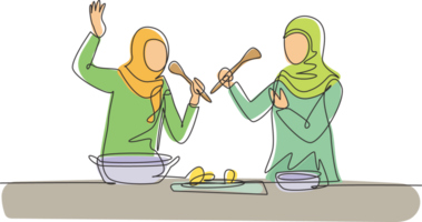 single doorlopend lijn tekening twee Arabisch vrienden koken samen en zingen met spatels net zo microfoon. dansen en hebben pret in keuken. dynamisch een lijn trek grafisch ontwerp illustratie png