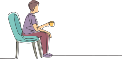 Single continuous line drawing young handsome boy sitting in modern chair, enjoying coffee in front of window at cozy home, side view concept. Dynamic one line draw graphic design illustration png