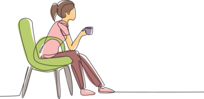 Single continuous line drawing young pretty girl sitting in modern chair, enjoying coffee in front of window at cozy home, side view concept. Dynamic one line draw graphic design illustration png