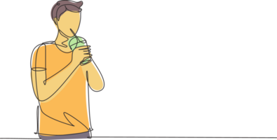 solteiro contínuo linha desenhando jovem bonito masculino aguarde plástico copo e bebendo laranja suco com canudo. faço ele refrescante dentro verão temporada. dinâmico 1 linha desenhar gráfico Projeto ilustração png