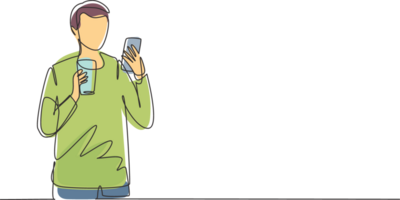 Célibataire un ligne dessin souriant Beau homme à la recherche à mobile téléphone et en portant verre de Orange jus tandis que ayant petit déjeuner à maison. moderne continu ligne dessiner conception graphique illustration png