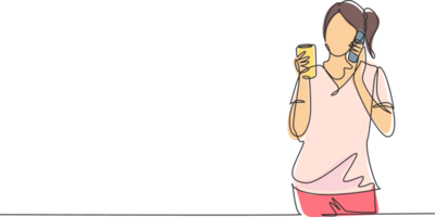 Single one line drawing young beautiful woman drinking orange juice while making phone call with smartphone and having breakfast at home. Modern continuous line draw design graphic illustration png