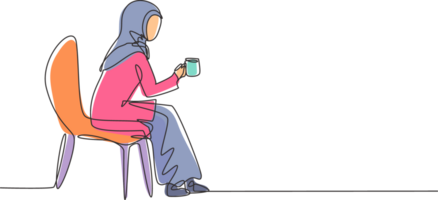 Single continuous line drawing young Arabian girl sitting in modern chair, enjoying coffee in front of window at cozy home, side view concept. Dynamic one line draw graphic design illustration png