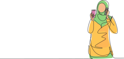 Continuous one line drawing young beautiful Arab woman drinking orange juice while making phone call with smartphone and having breakfast at home. Single line draw design graphic illustration png