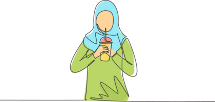 Single one line drawing beautiful Arab woman hold plastic cup and drink iced green tea with straw. Make her refreshing in summer season. Modern continuous line draw design graphic illustration png