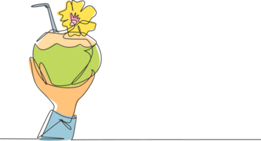 Single one line drawing hand holding green coconuts with drinking straw and flower. Relieves thirst and dehydration in summer. Healthy life. Continuous line draw design graphic illustration png