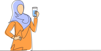 Single one line drawing portrait of happy young Arabian female holding glass of orange juice. Make her refreshing in summer season. Modern continuous line draw design graphic illustration png