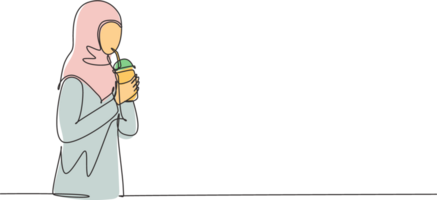 Continuous one line drawing side view of young Arab woman using straw and drinking smoothie juice from plastic cup. Make her refreshing in summer. Single line draw design graphic illustration png