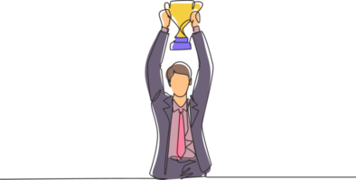 Continuous one line drawing young businessman wearing suit tie holding up golden trophy with both hands. Symbol of achievement business performance. Single line draw design graphic illustration png