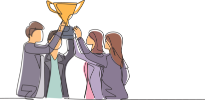 Single one line drawing young business team holding trophy showing success. Symbol of achievement and successful business performance. Modern continuous line draw design graphic illustration png