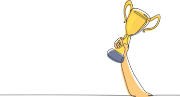 Single continuous line drawing gold trophy held by one hand. Symbol of winning championships, matches and sports competitions. Best achievement ever. One line draw graphic design illustration png