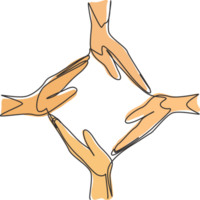 doorlopend een lijn tekening vier palm handen maken plein kader vorm geven aan. symbool van zorg, eenheid, delen, vertrouwen. communicatie met hand- gebaren. single lijn trek ontwerp grafisch illustratie png