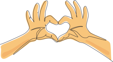 Single one line drawing hands making sign or symbol heart by fingers. Beautiful hands with copy space. Love concept with hand gestures. Modern continuous line draw design graphic illustration png