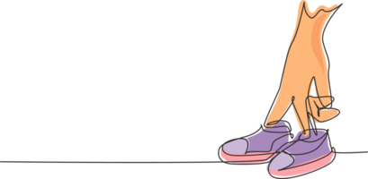 singolo uno linea disegno bambino scarpe siamo logoro di giovane delle madri dita. bellissimo scarpe per carino poco bambini. contento famiglia concetto. moderno continuo linea disegnare design grafico illustrazione png