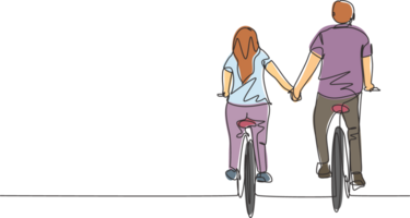 Single continuous line drawing back view of romantic cycling couple holding hands in afternoon. Togetherness of young husband and wife after wedding. One line draw graphic design illustration png