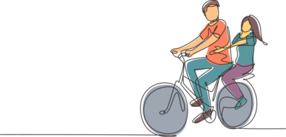 Single continuous line drawing couple have fun riding on bike. Romantic cycling couple holding hands. Togetherness of young husband and wife. Dynamic one line draw graphic design illustration png