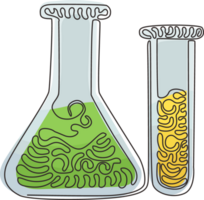 continuo uno línea dibujo química laboratorio cristalería. graduado laboratorio tubo, cubilete y matraz. equipo para químico prueba. remolino rizo estilo. soltero línea dibujar diseño gráfico ilustración png