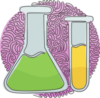 Continuous one line drawing chemistry laboratory glassware. Graduated lab tube, beaker, and flask. Equipment for chemical test. Swirl curl circle style. Single line draw design graphic png