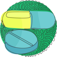 Single continuous line drawing medical pill and tablet icon. Medicine pills or tablets, capsules. Drugs and pills symbol. Swirl curl circle style. One line draw graphic design png