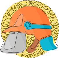 kontinuerlig ett linje teckning röd brandman hjälm med skyddande glas. Utrustning för brandman eller volontär. virvla runt ringla cirkel bakgrund stil. enda linje design grafisk illustration png