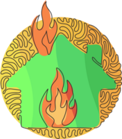 Continuous one line drawing fire line icon. House building in flames. Insurance symbol from accident prevention. Swirl curl circle background style. Single line draw design graphic illustration png