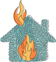 Single one line drawing fire line icon. House building in flames. Insurance symbol from financial security, safety, damage. Swirl curl style. Continuous line draw design graphic illustration png
