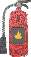 Continuous one line drawing red fire extinguisher protection with nozzle. Portable fire equipment from big fire department set. Swirl curl style. Single line draw design graphic illustration png