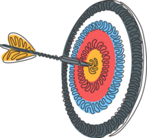 continuo uno línea dibujo dardos flechas en objetivo centrar negocio objetivo concepto. éxito golpear objetivo objetivo objetivo logro. remolino rizo estilo. soltero línea dibujar diseño gráfico ilustración png