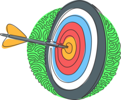 Single one line drawing darts arrows in target center business goal concept. Success hitting target aim goal achievement. Swirl curl circle style. Modern continuous line draw design graphic png