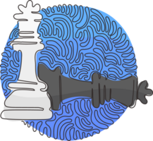 Single continuous line drawing figures of wooden chess on chessboard. King, queen of opposing team's. Swirl curl circle style. Dynamic one line draw graphic design illustration png