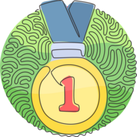 kontinuierlich einer Linie Zeichnung Gold Medaille zum zuerst Ort. Gold Medaille auf Schleife. vergeben zum Sieg gewinnen zuerst Platzierung Leistung. Strudel locken Kreis Stil. Single Linie zeichnen Design png