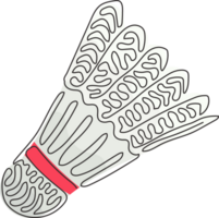 Single continuous line drawing shuttlecock badminton. Sports equipment, competitions, hobbies. Standard of Olympic games. Swirl curl style. Dynamic one line draw graphic design illustration png