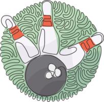 continu un ligne dessin bowling Balle et épingles. des sports équipement. bowling Balle s'écraser dans épingles. bowling Balle frappant épingles. tourbillon boucle cercle style. Célibataire ligne dessiner conception png