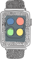 continuo uno línea dibujo inteligente reloj dispositivo monitor con aplicación iconos inteligente reloj usable tecnología. moderno dispositivo tecnología. remolino rizo estilo. soltero línea dibujar diseño gráfico ilustración png