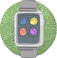 Continuous one line drawing Smart watch device display with app icons. Smart watch wearable technology. Swirl curl circle style. Single line draw design graphic illustration png