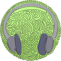 contínuo 1 linha desenhando moderno estilo fones de ouvido. audio fone de ouvido. à moda moderno fones de ouvido com protetores de ouvido. redemoinho ondulação círculo estilo. solteiro linha desenhar Projeto gráfico ilustração png