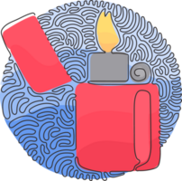 Single continuous line drawing metal lighter. Fire from lighter. Manual, gas lighter with burning flame in flat style. Swirl curl circle style. Dynamic one line draw graphic design vector png